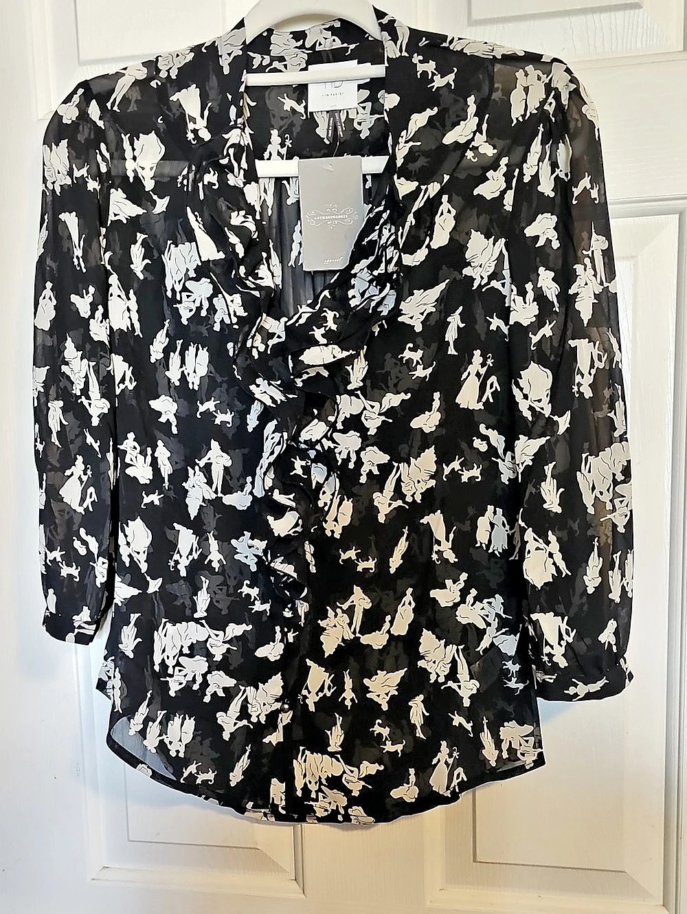 HD in Paris Anthropologie Black Ivory Silhouette Print Sheer Ruffle Blouse